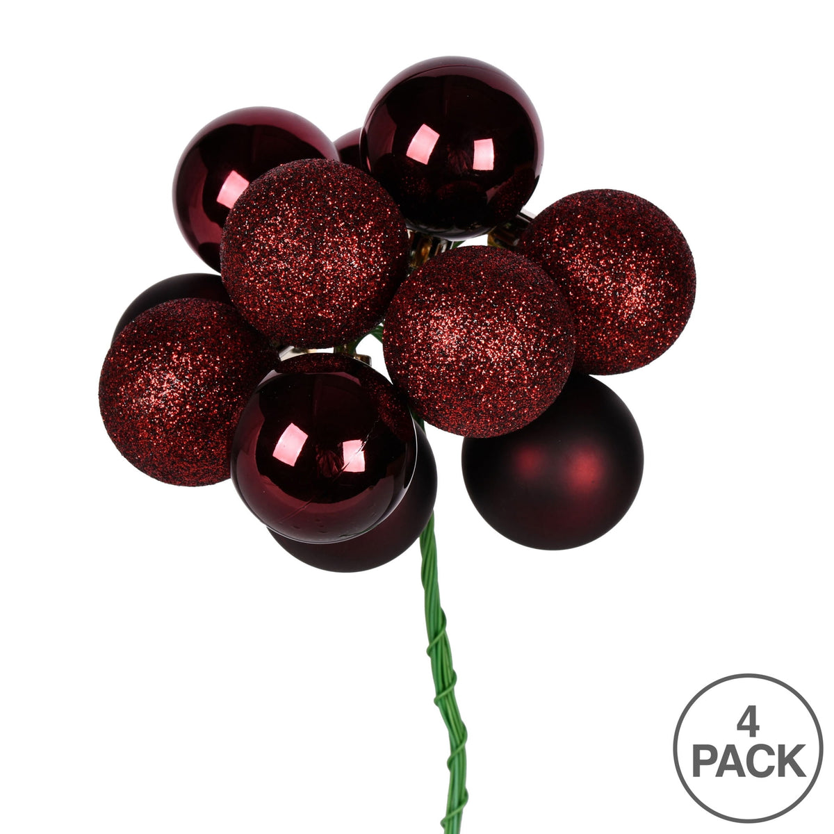 Vickerman 12" Burgundy Ball Ornament Christmas Pick, 4 per set