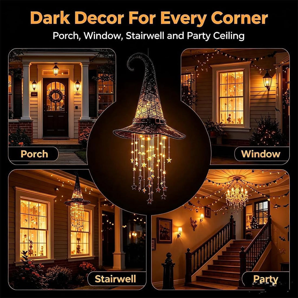 Hanging Witch Hats with Lights - Lighted Black Mesh Witch Hat Chime with Glowing Star Garland for Porch, Tree, Window