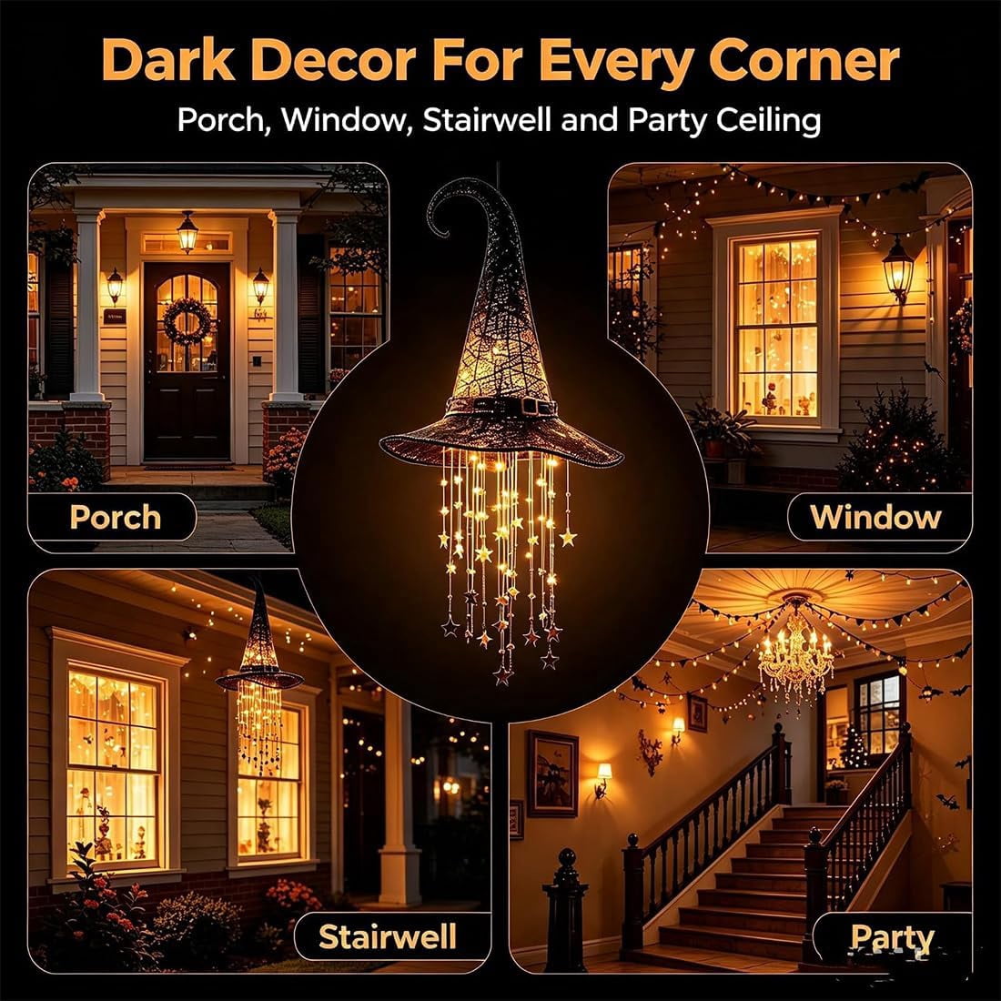 Hanging Witch Hats with Lights - Lighted Black Mesh Witch Hat Chime with Glowing Star Garland for Porch, Tree, Window