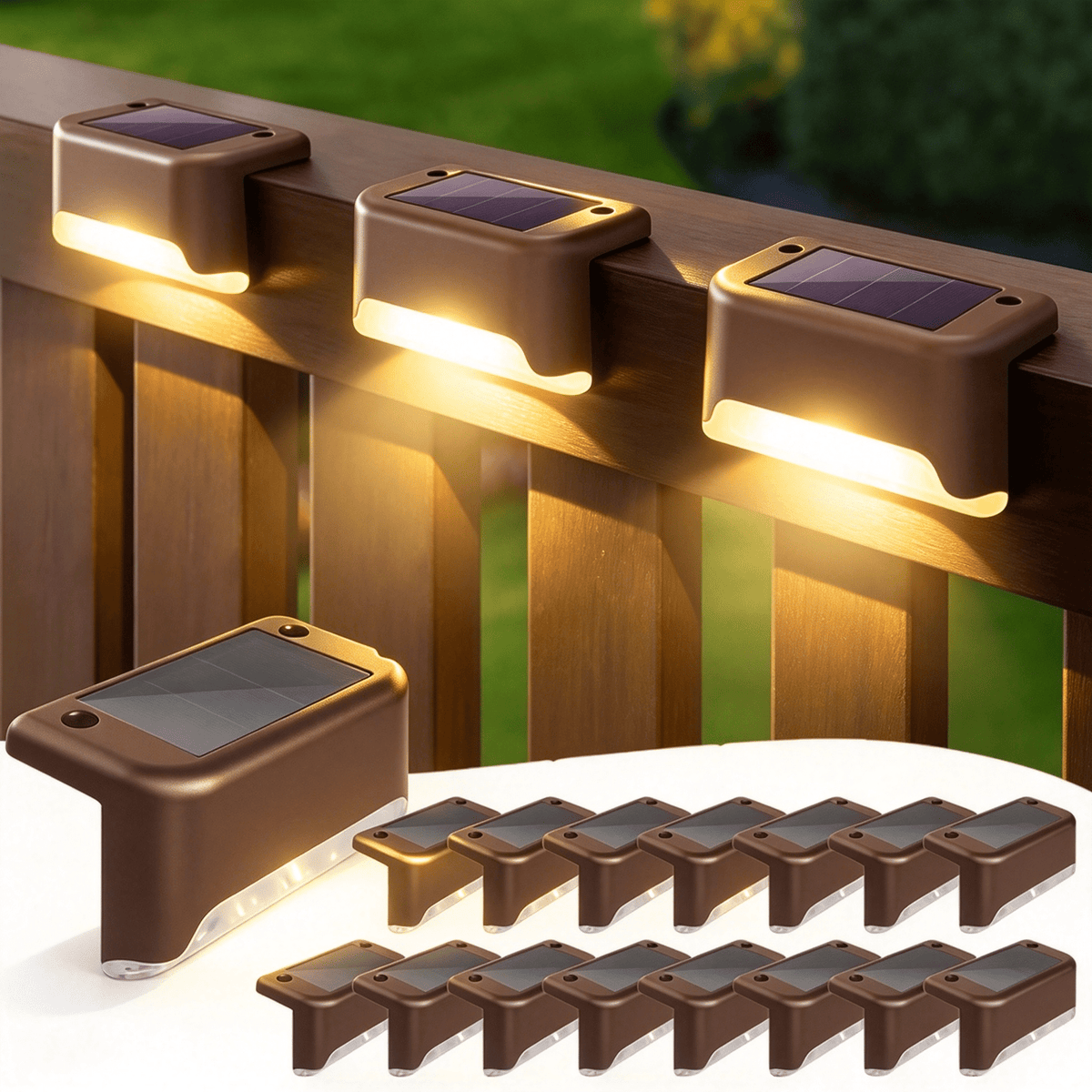 16 Pack Outdoor Solar Deck Lights, Waterproof Solar Step Lights, LED Solar Lights for Outdoor Stairs Fence Yard Patio Railing Garden Pathway Christmas Decoration Lights(Brown-Warm White)