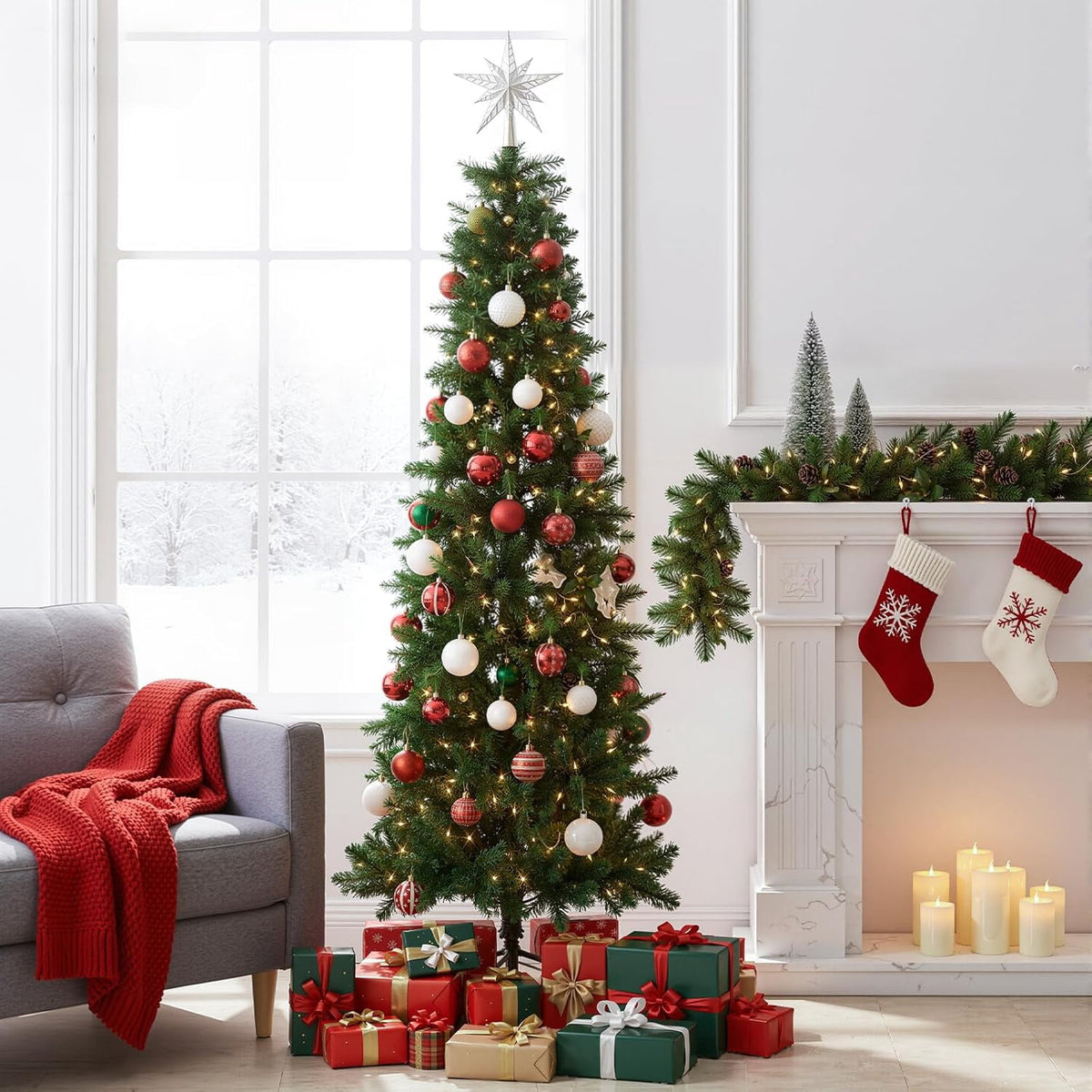 LIFERECORD 6ft Prelit Artificial Hinged Slim Pencil Christmas Tree with 250 Lights, 571 Full Branch Tips, 8 Warm Lingting Motes Perfect Decoration for Xmas Holiday, Green