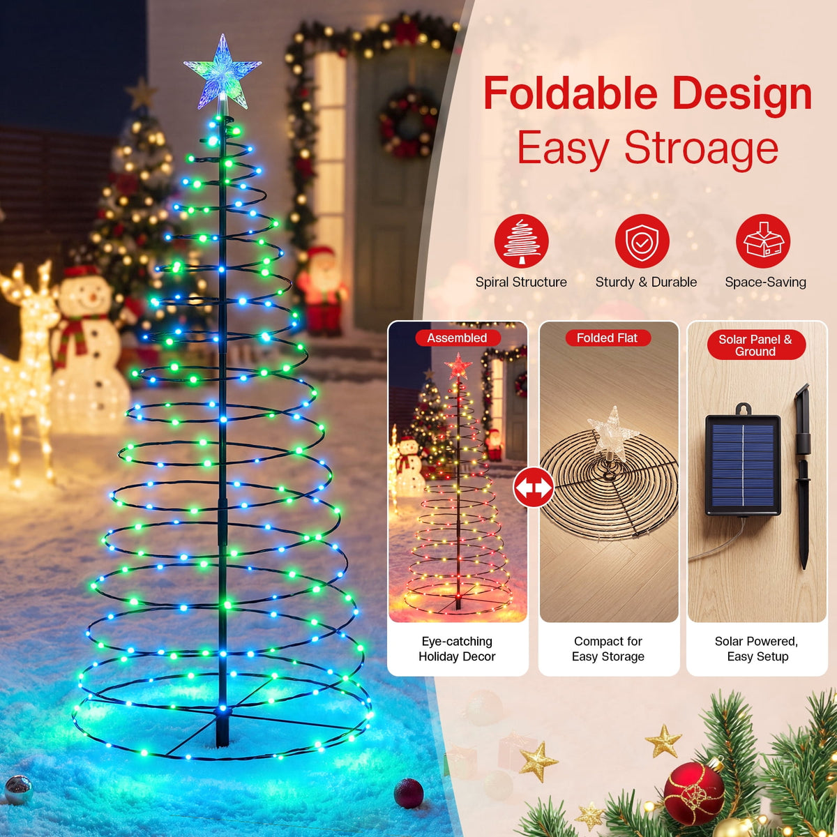 2 IN 1 Solar Christmas Lights C9 LED 33FT 25 LED with Ground Stakes Hanging Design Warm White Multicolor 8 Modes Waterproof for Garden Walkway Patio Christmas Decor