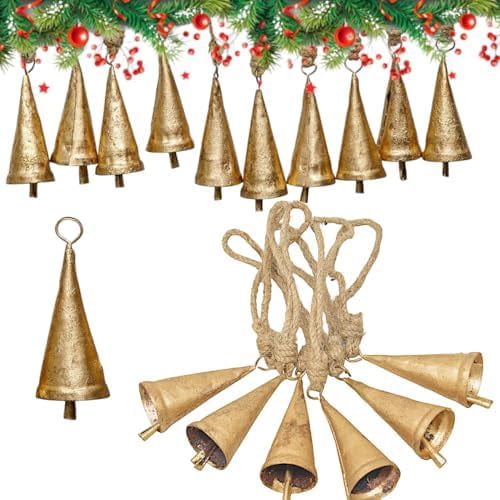 Christmas Bells for Decoration –Set of 6 Rustic Cow Bells for Hanging with Jute Rope – Gold Bells for Crafts - Tree Decoration Ornaments