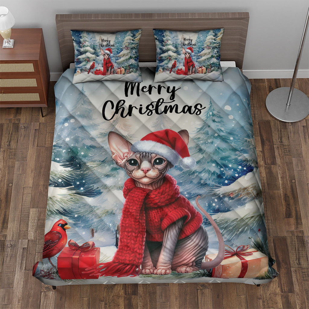 Merry Christmas Sphynx Enjoys Catmas Winter Xmas Holiday Quilt Bedding Set Cat Lover Kitten Owner Gifts Idea 1 Blanket Bed Cover 2 Pillowcases - 02022