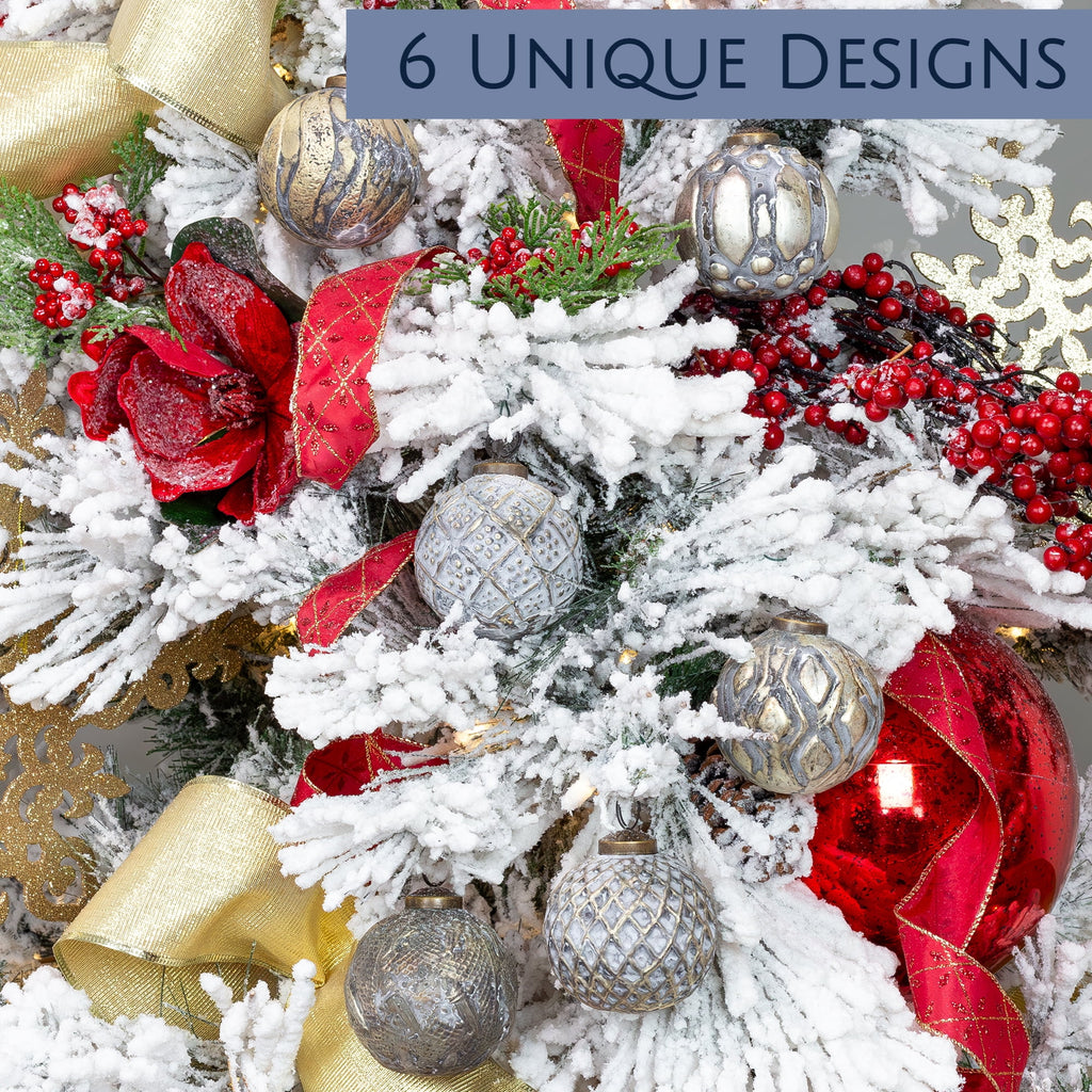 AuldHome Design Farmhouse Ball Ornaments (Set of 6, Gold/Silver); Distressed Metal Glass Ball Vintage Style Christmas Decorations