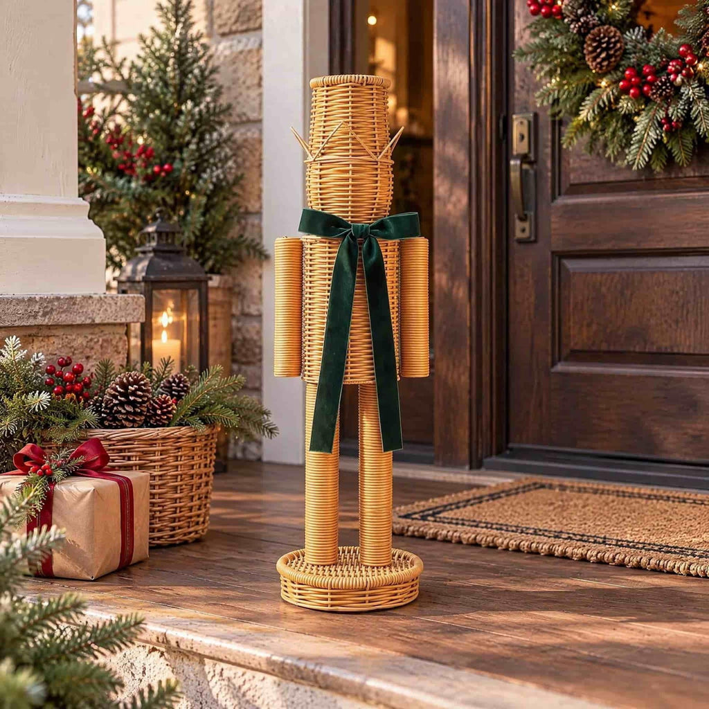 15.7 Inch Resin Nutcracker with Velvet Bow, Christmas Farmhouse Decor, Large Rattan Imitation Soldier Figurine for Floor Mantel Table Home,Rustic Winter Holiday Outdoor Decor,2PCS