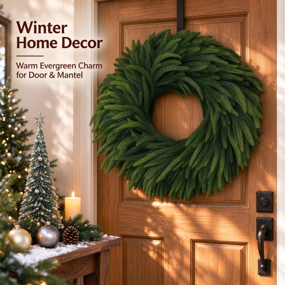 19.68in Christmas Norfolk Pine Wreath for Front Door - Artificial Greenery Wreath, Full Green Branches, All Season for Wall Porch Indoor Outdoor Decor