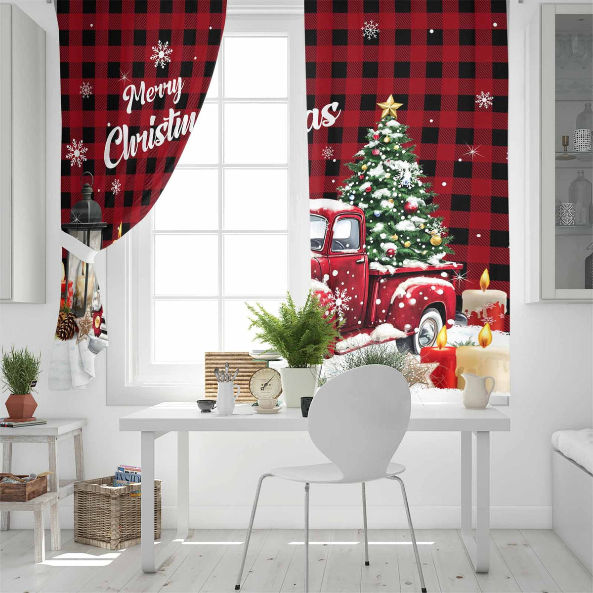 Red Truck Christmas Blackout Curtains 63 Inches Long for Bedroom,Xmas Tree Snowflake Gifts Winter Wooden Thermal Insulated Room Darkening Black Out Window Curtain Panels Grommet Living Room Drapes