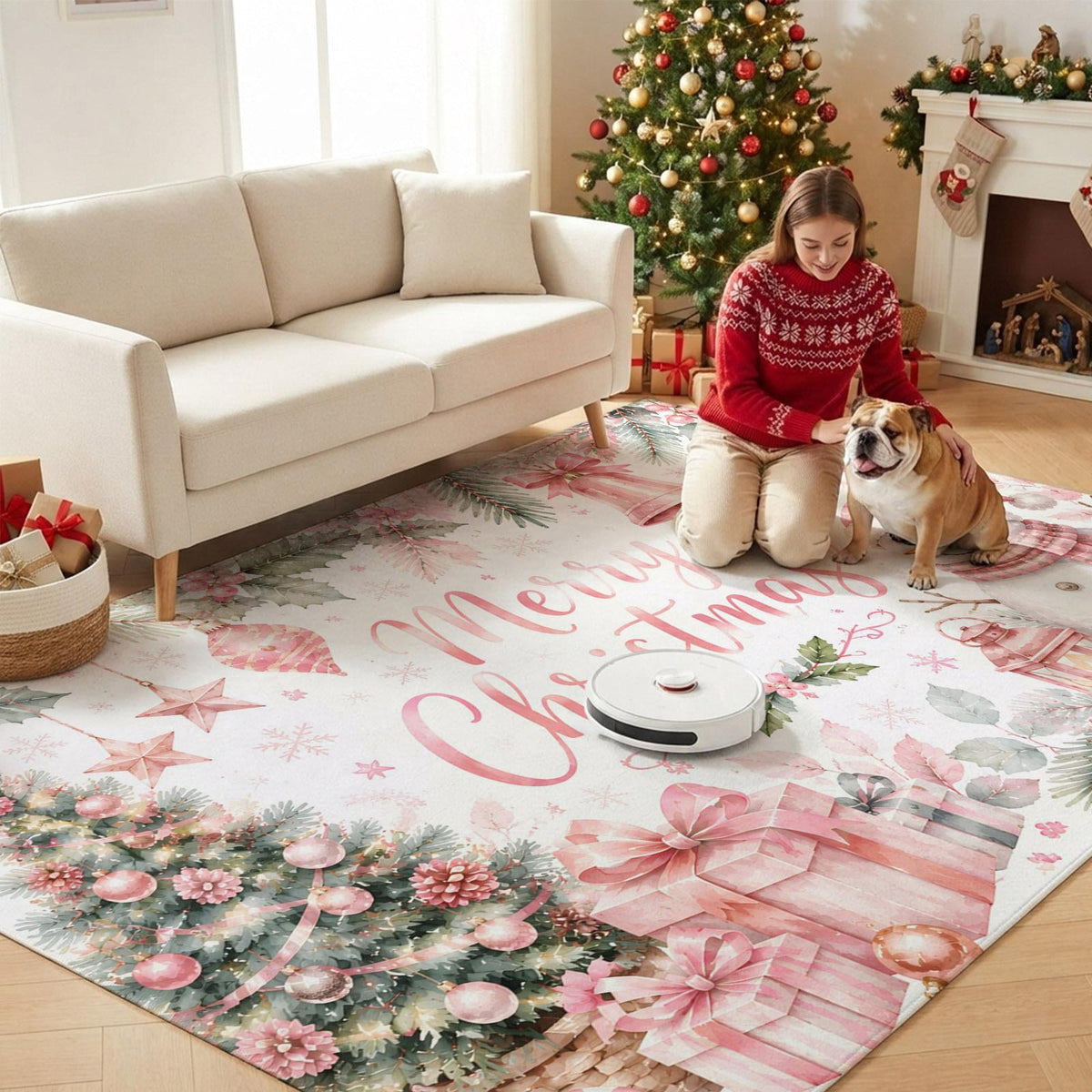 Large Area Rugs for Living Room Bedroom, Blue Merry Christmas 8'x10' Rug Washable Carpet Runner Indoor Outdoor, Xmas Tree Snowman Eucalyptus Wood Non Slip Floor Mats Rug for Kitchen, Patio