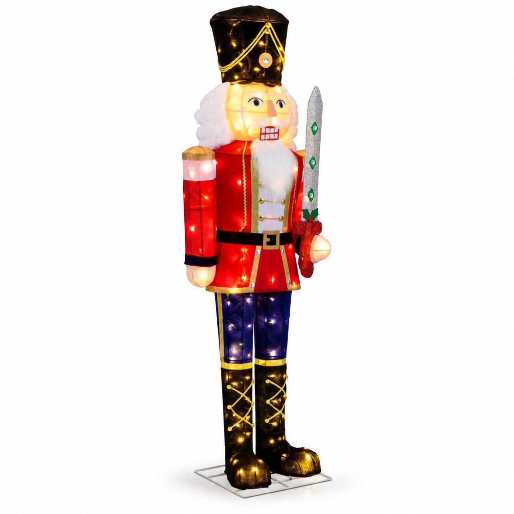 RUIE Lighted Christmas Nutcracker, 5 ft Outdoor Holiday Figure with 100 Warm White LED Lights, Glitter Sword, Metal Frame and Long Cord