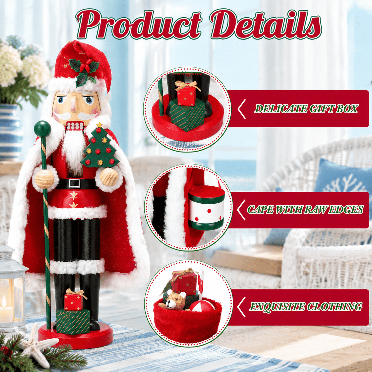 14 Inch Wooden Santa Nutcracker Figures, Set of 2, Red Green White Christmas Decor