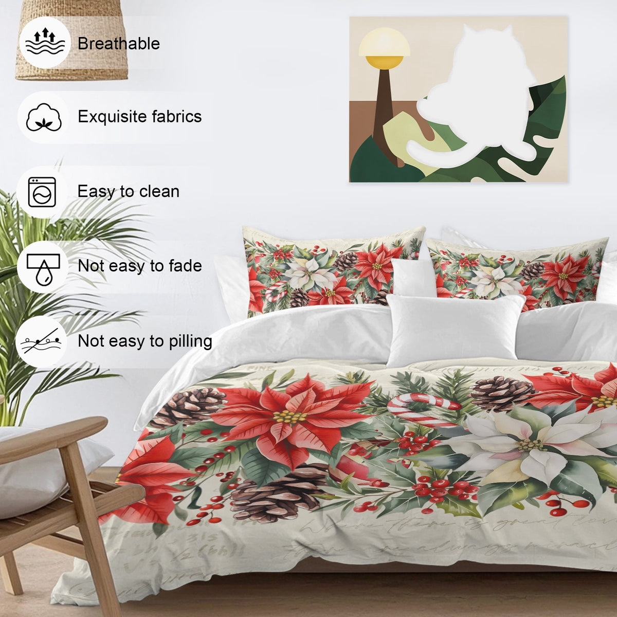 Red White Flowers Bedding Duvet Cover Set Twin 4 Pieces Pine Cone Winter Snowflakes Christmas Vintage Letter Bedding Set with Zipper Closure,1 Comforter Cover 68x90 In 1 Flat Sheet & 2 Pillow Cases