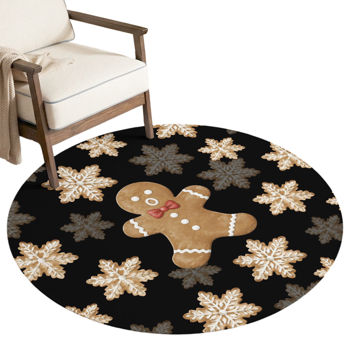 6ft Round Rug, Christmas Non-Skid Rubber Backing Large Area Rugs - Living Room Bedroom Home Office, Beige Snowflake Xmas Winter Black Indoor Floor Mat Carpets Washable Rug