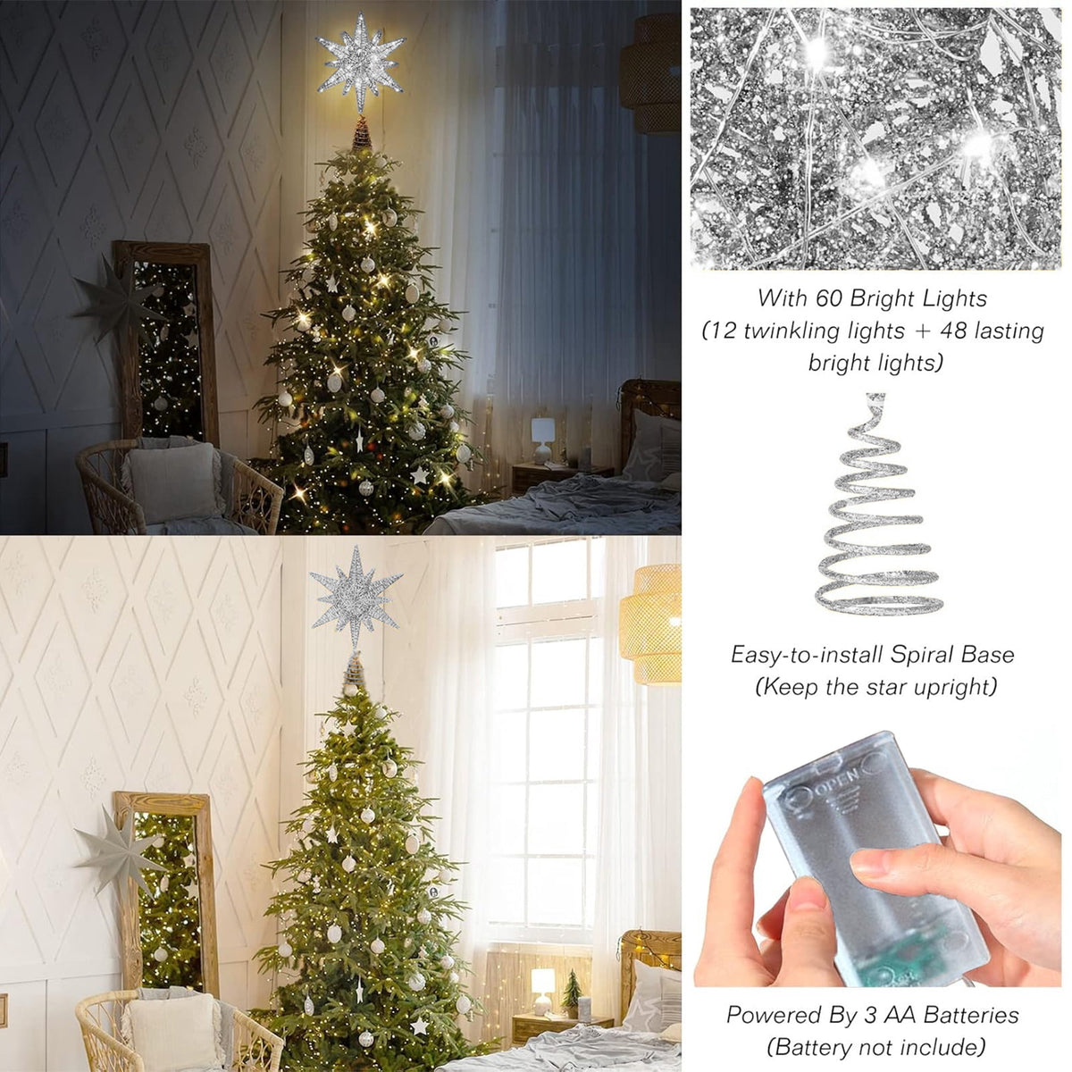 Christmas Tree Topper, LED Lighted Tree Topper, 11.41Inches Double-Layer Glitter Metal 3D Decorations Lights, Ornaments for Home Party(Gold)