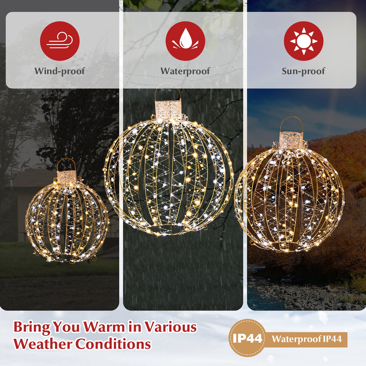 Costway 3 Pack Christmas LED Light Balls Outdoor Hanging Light Spheres w/360 Lights