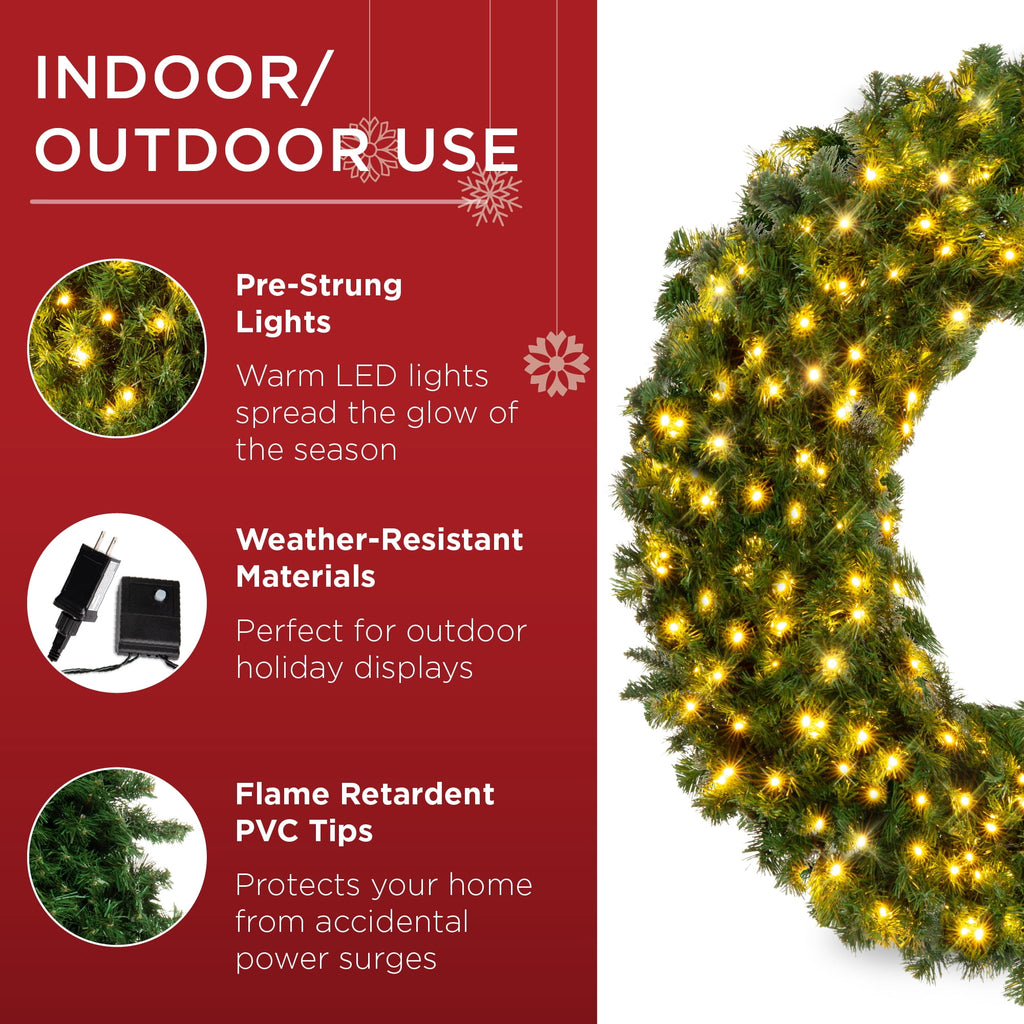 Best Choice Products 48in Artificial Pre-Lit Fir Christmas Wreath Decoration w/ 250 LED Lights, 714 Tips, Power Plug-In