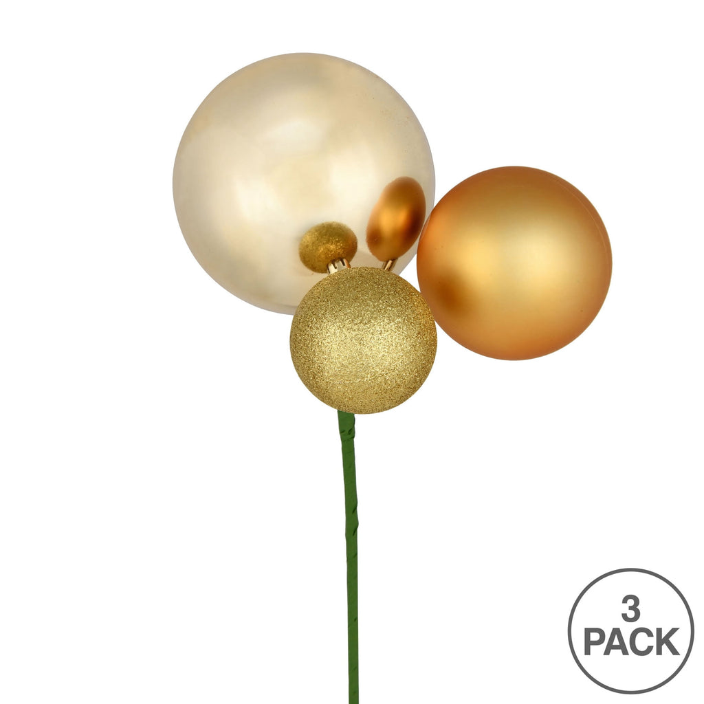 Vickerman 18" Honey Gold Orn Pick 3 per Bag. Features shiny, matte and glitter ornaments.