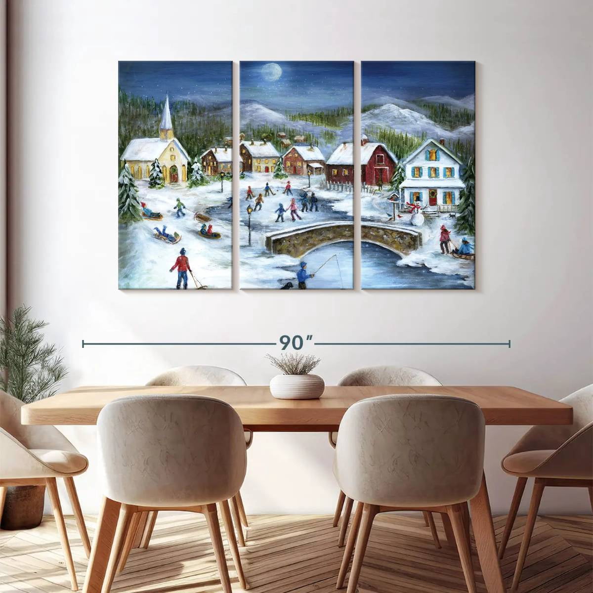Elephant Stock Moonlit Skaters Wall Art - Horizontal Multi Panel Canvas - Living Room Wall Decor - Holiday Multi Panel - Blue And White Decor By Marilyn Dunlap - 74" x 48"