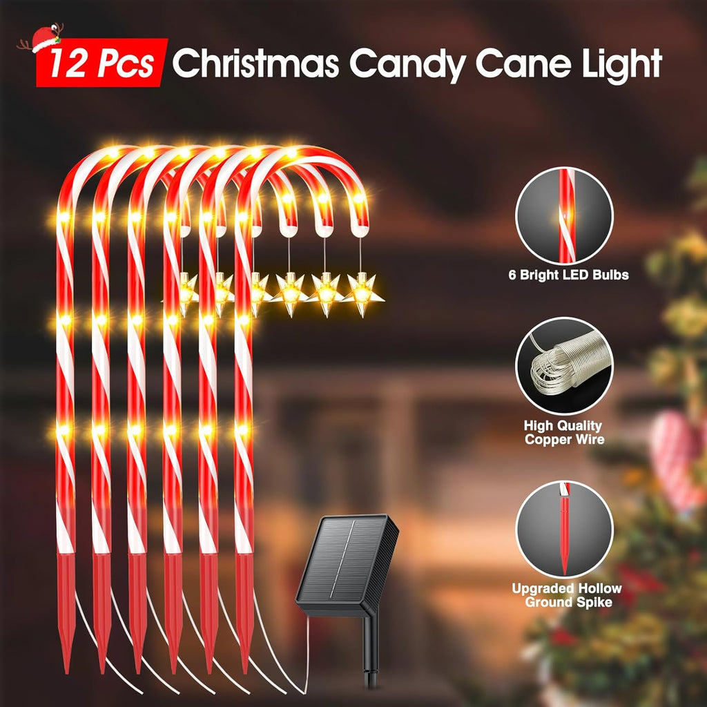 12 Pack Christmas Decorations Outside Solar Candy Cane Lights, Bright Outdoor Christmas Decorations with 8 Flashing Modes, Waterproof Solar Christmas Lights for Yard Pathway