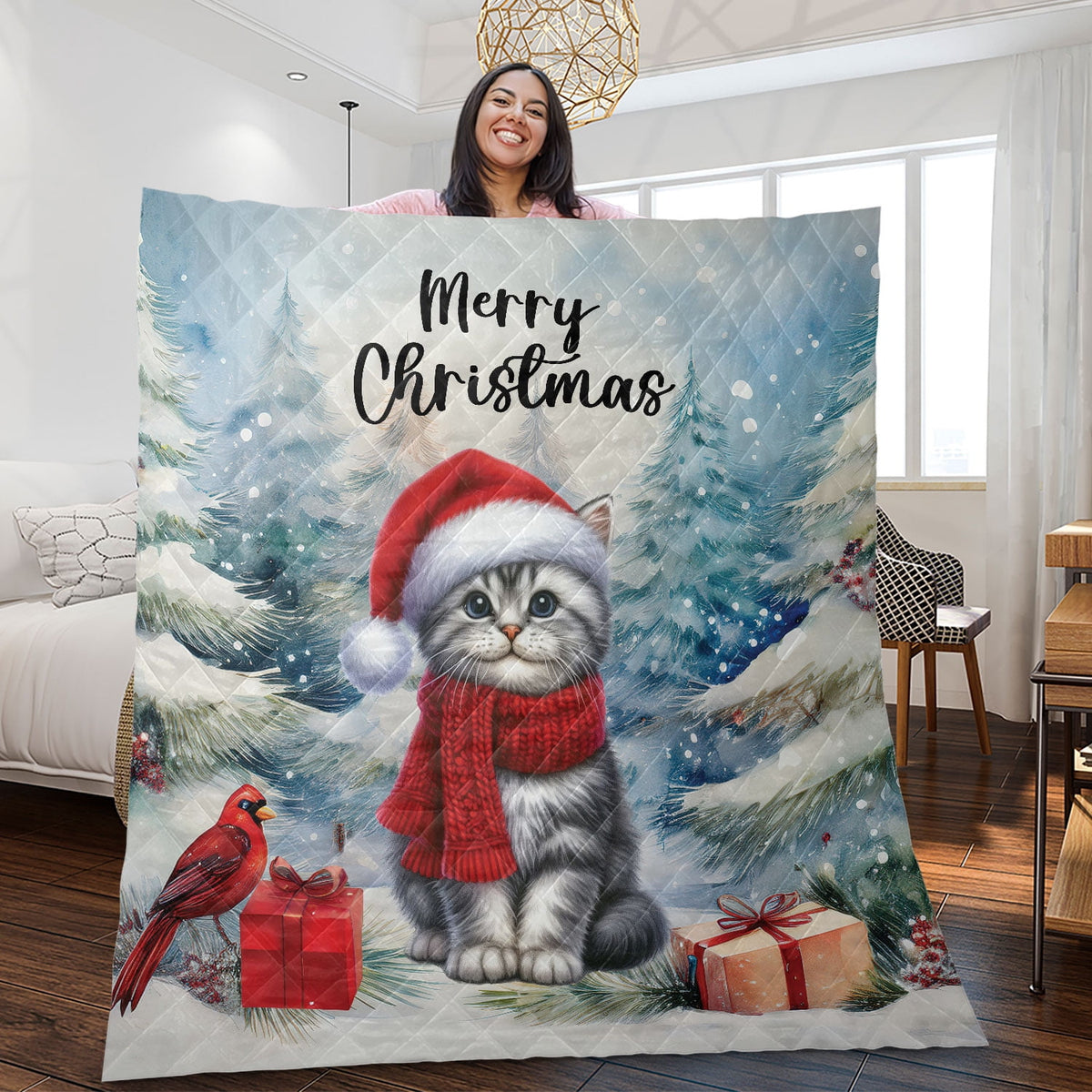 Merry Christmas Sphynx Enjoys Catmas Winter Xmas Holiday Quilt Bedding Set Cat Lover Kitten Owner Gifts Idea 1 Blanket Bed Cover 2 Pillowcases - 02022