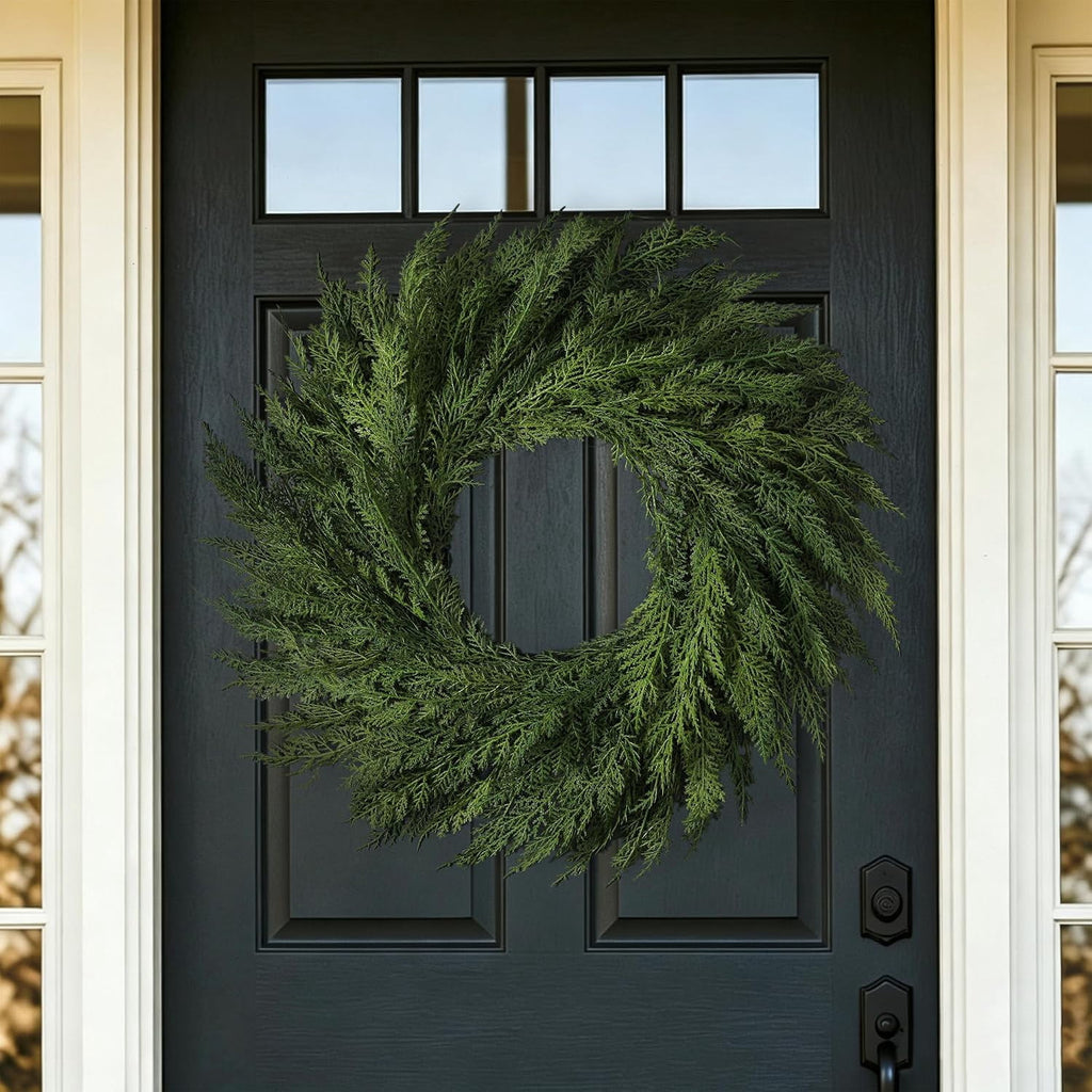 24’’ Real Touch Christmas Wreath, Artificial Cedar Wreath for Door Cedar Wreath,Faux Christmas Wreath for Front Door Wall Windows Porches Indoor Outdoor Christmas Xmas Decorations Winter Decor