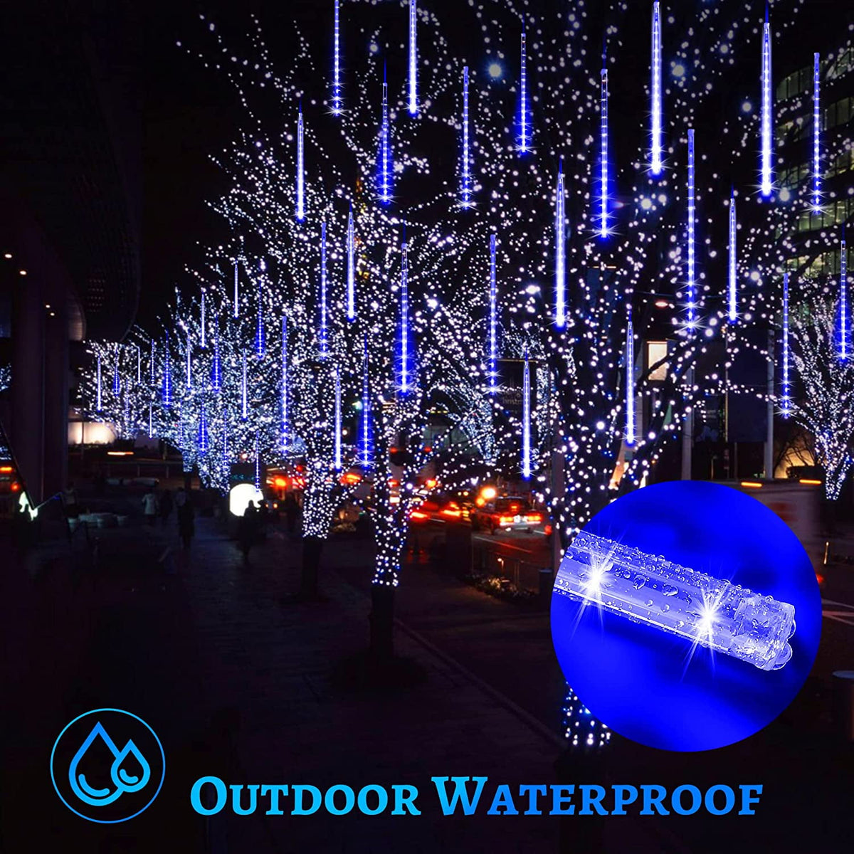 Christmas Lights, Christmas Lights Outdoor, Meteor Shower Lights 12 Inch 8 Tube 192 LED, Raindrop Snowfall Lights for Tree Yard Party Patio Christmas Decorations Lights, Blue