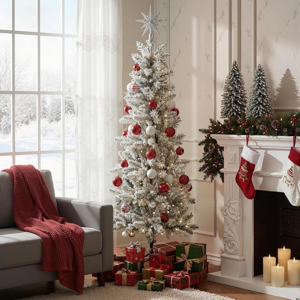 LIFERECORD 6ft Prelit Artificial Hinged Slim Pencil Christmas Tree with 250 Lights, 571 Full Branch Tips, 8 Warm Lingting Motes Perfect Decoration for Xmas Holiday, Green