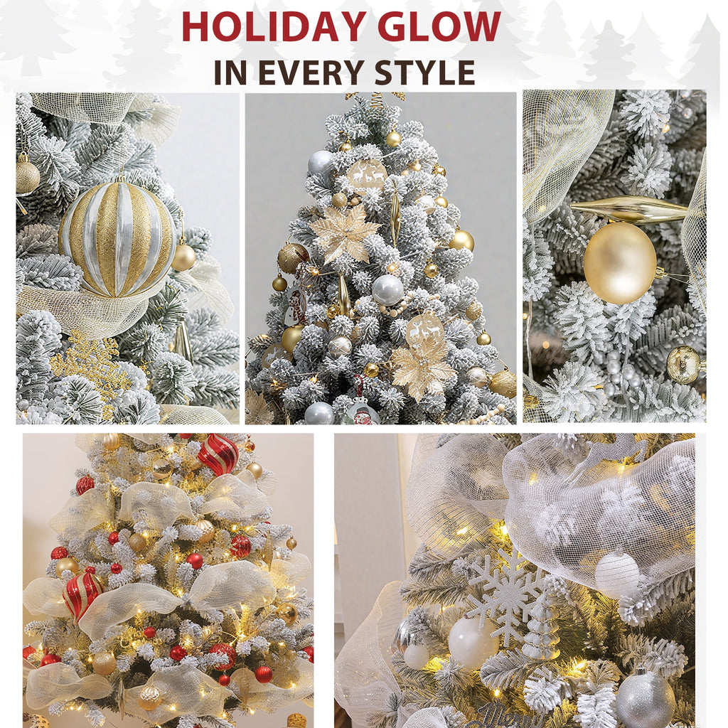 Yexmas 7.5ft Pre-Lit Snowflake Flocked Christmas Tree,8 Modes LED Lights,Artificial Xmas Tree with Storage Bag