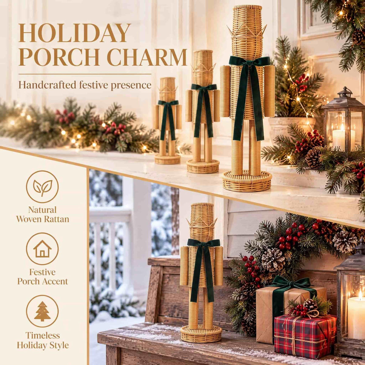 15.7 Inch Resin Nutcracker with Velvet Bow, Christmas Farmhouse Decor, Large Rattan Imitation Soldier Figurine for Floor Mantel Table Home,Rustic Winter Holiday Outdoor Decor,2PCS