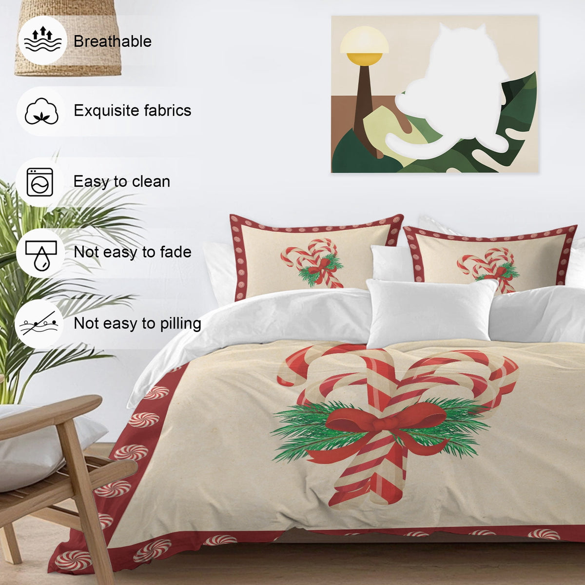 Candy Cane Bow Bedding Duvet Cover Set King Size 4 Pieces Christmas Winter Retro Bedding Set with Zipper Closure, 1 Comforter Cover 92x106 Inches 1 Flat Sheet & 2 Pillow Cases