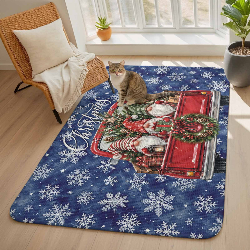 Red Truck Christmas Washable Area Rugs for Living Room Bedroom, Large Non Slip Indoor Floor Carpet Absorbent Xmas Tree Gnomes Navy Blue Snowflake Door Mat Rugs for Bathroom Entryway 63"x90.6"
