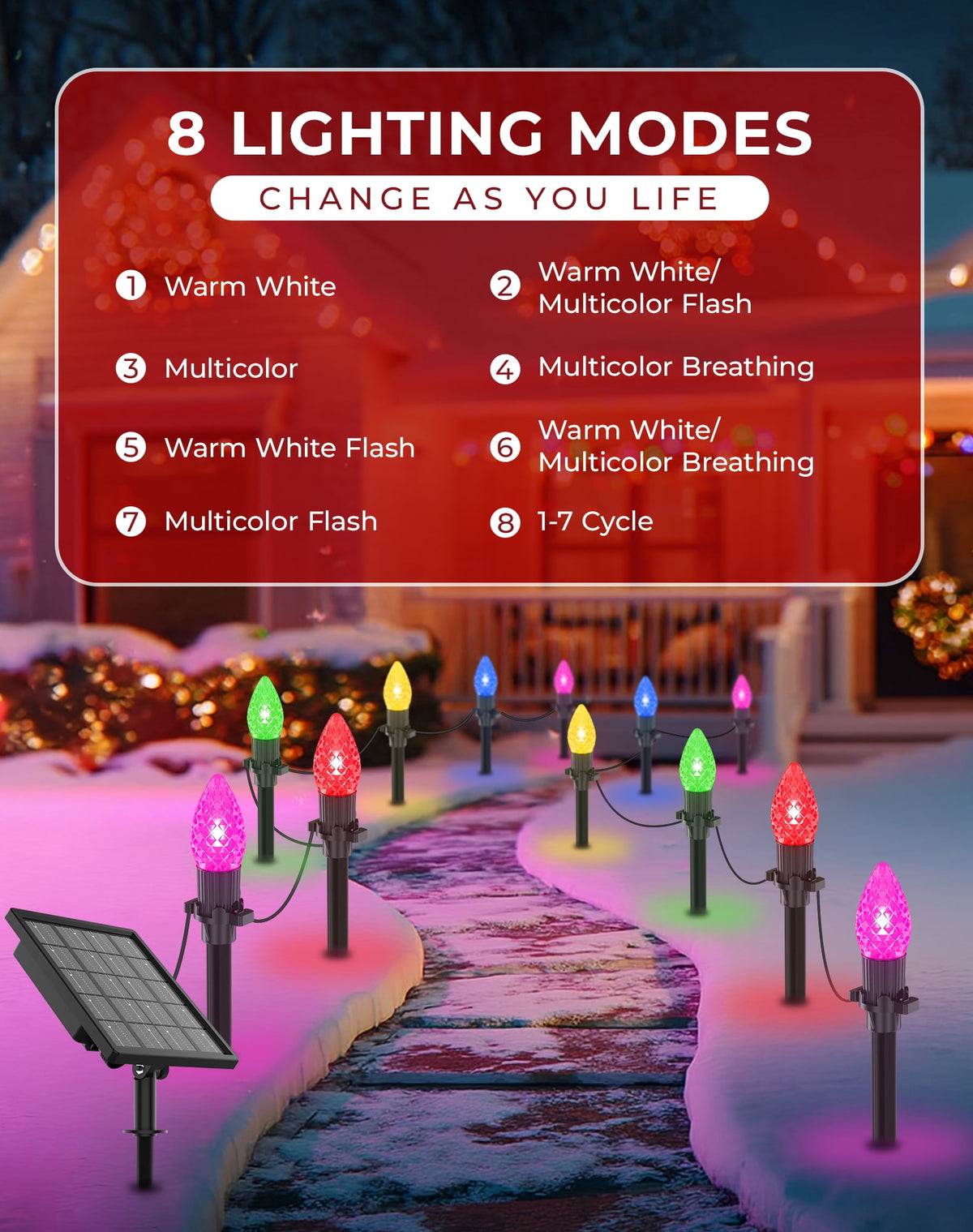 2 IN 1 Solar Christmas Lights C9 LED 33FT 25 LED with Ground Stakes Hanging Design Warm White Multicolor 8 Modes Waterproof for Garden Walkway Patio Christmas Decor
