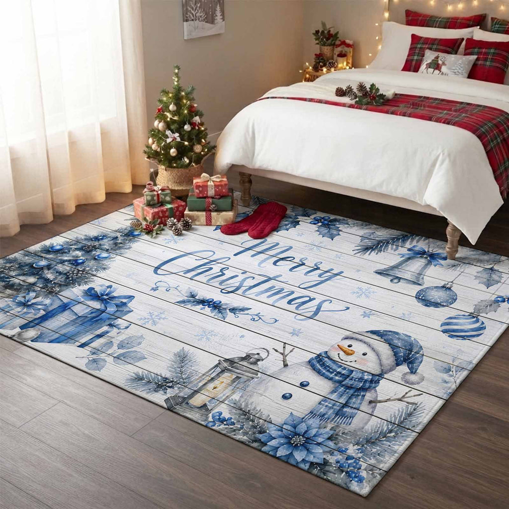 Large Area Rugs for Living Room Bedroom, Blue Merry Christmas 8'x10' Rug Washable Carpet Runner Indoor Outdoor, Xmas Tree Snowman Eucalyptus Wood Non Slip Floor Mats Rug for Kitchen, Patio