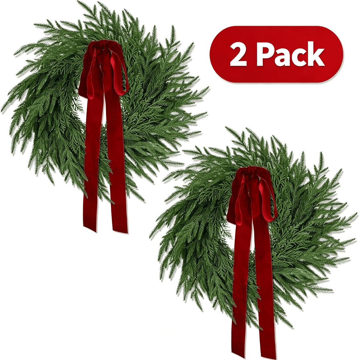 2 Pack Artificial Christmas Wreaths for Front Door, 24" Norfolk Pine & Cedar Greenery Wreath with Red Bows, Real Touch Holiday Wreaths for Indoor Outdoor Christmas Decorations, Seasonal Decor