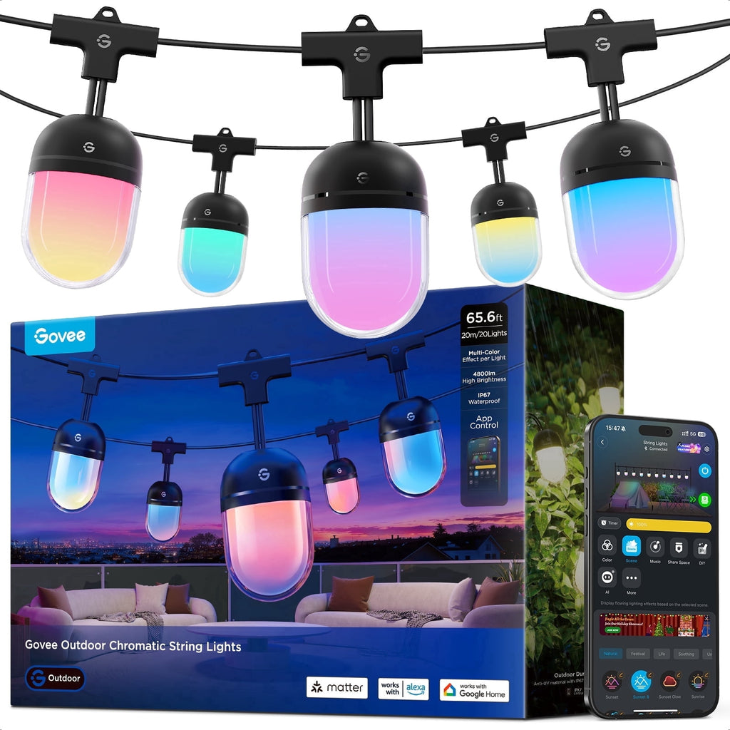 Govee Outdoor Chromatic String Lights, 65.6ft RGBIC Outdoor Lights, 55 RGB LEDs per Bulb, Uni-IC Control, 111+ Scenes, IP67 Waterproof, String lights compatible with Alexa, Google, Matter, App