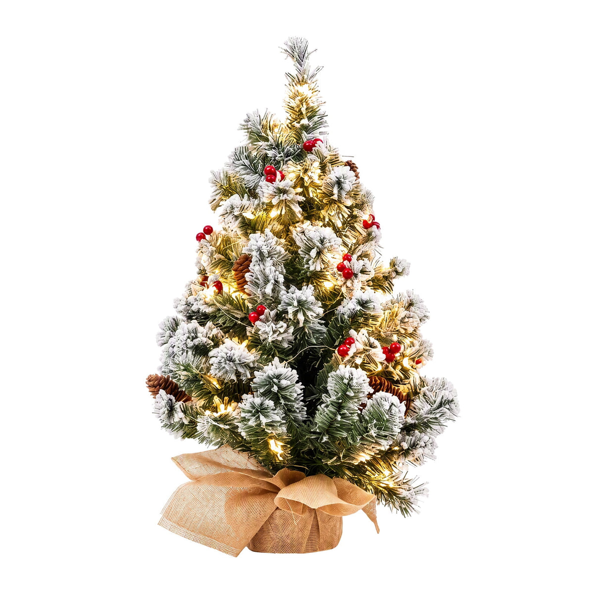 22" Mini Christmas Tree with 30 LEDs, Red Berries & Pinecones, DIY Kit, Battery Powered Tabletop Tree Christmas Decorations Gifts for Dorms, Offices, Home, Classrooms Desks & Small Spaces