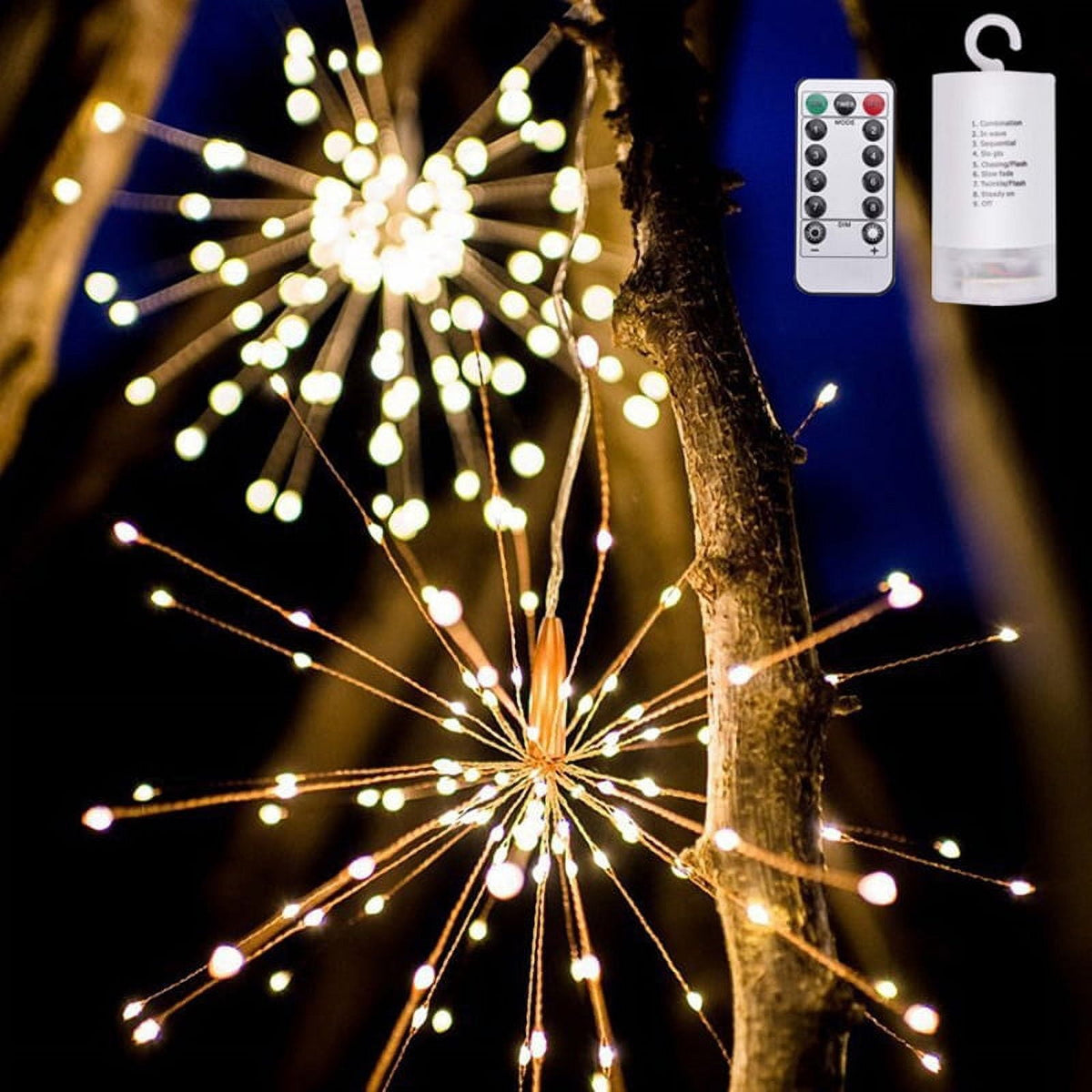 200 LED Firework Lights Wire Starburst String Lights Fairy Lights, Christmas Decorative Hanging Lights for Party Patio Bedroom Christmas Decoration, Warm White