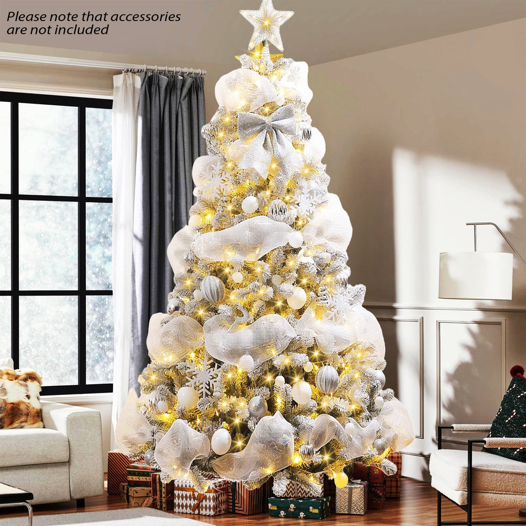 Yexmas 7.5ft Pre-Lit Snowflake Flocked Christmas Tree,8 Modes LED Lights,Artificial Xmas Tree with Storage Bag