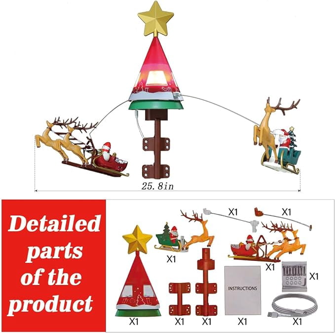 LAMPHOME Rotating Musical Deer & Sled Lighted Tree Topper, Illuminated Star Christmas Tree Top Ornament