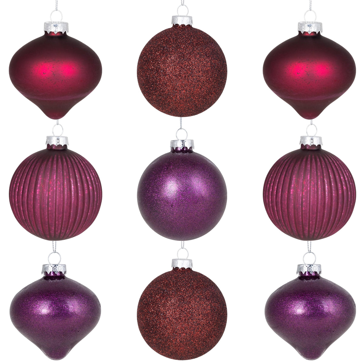 Finial and Glass Ball Christmas Ornaments - Burgundy and Purple - Set of 9