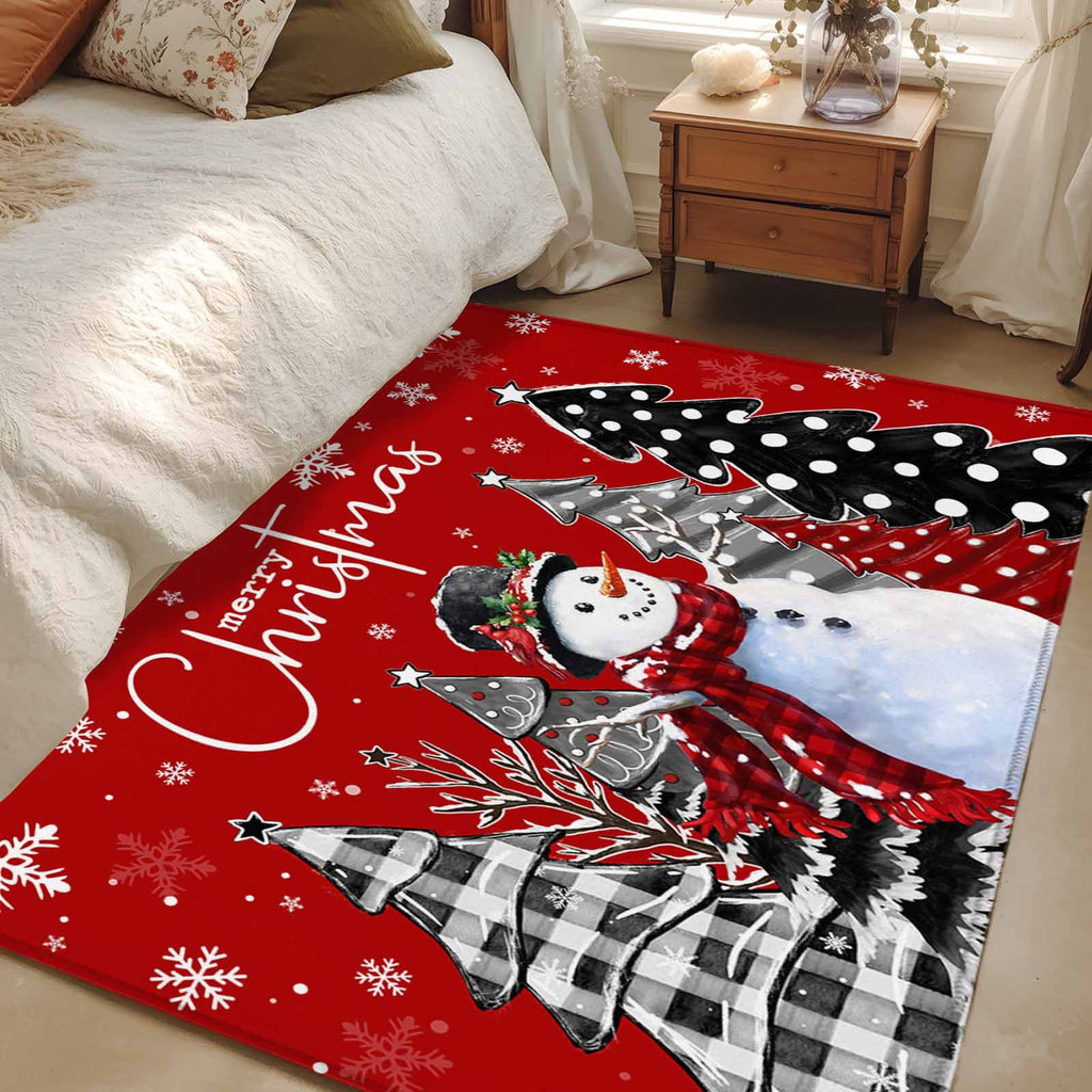 Area Rug 4x6 Ft, Red Christmas Non Slip Area Rugs for Bedroom, Xmas Snowman Snowflake Tree Black Grey Washable Low Pile Indoor Throw Carpet for Home Office Study Room Dining Room Nursery