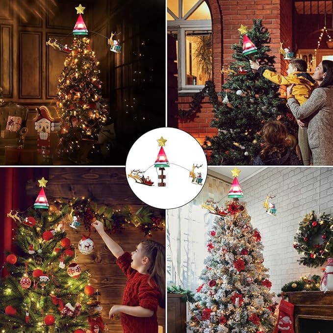 LAMPHOME Rotating Musical Deer & Sled Lighted Tree Topper, Illuminated Star Christmas Tree Top Ornament