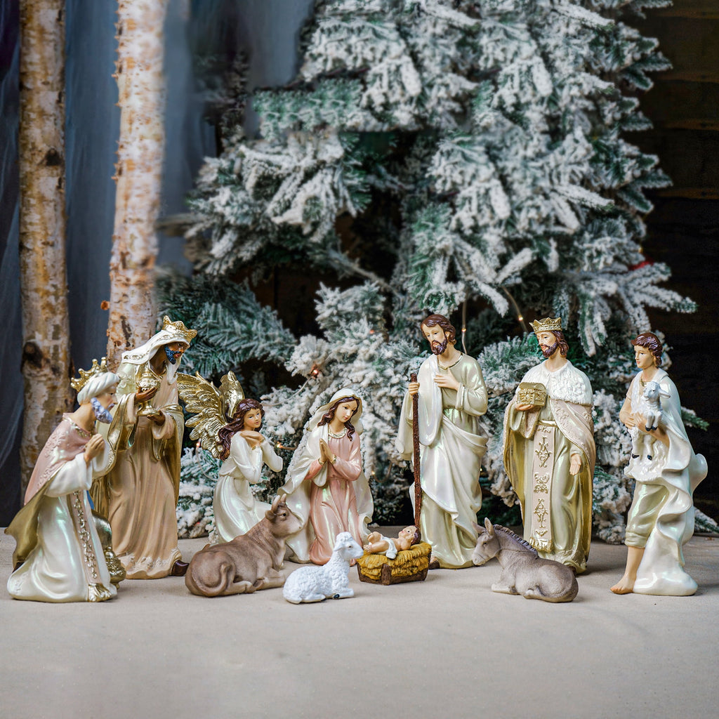 Zayton 11-Piece Nativity Set 8" Light Gold Resin Holy Family Figurines Nativity Scene Tabletop Christmas Decor