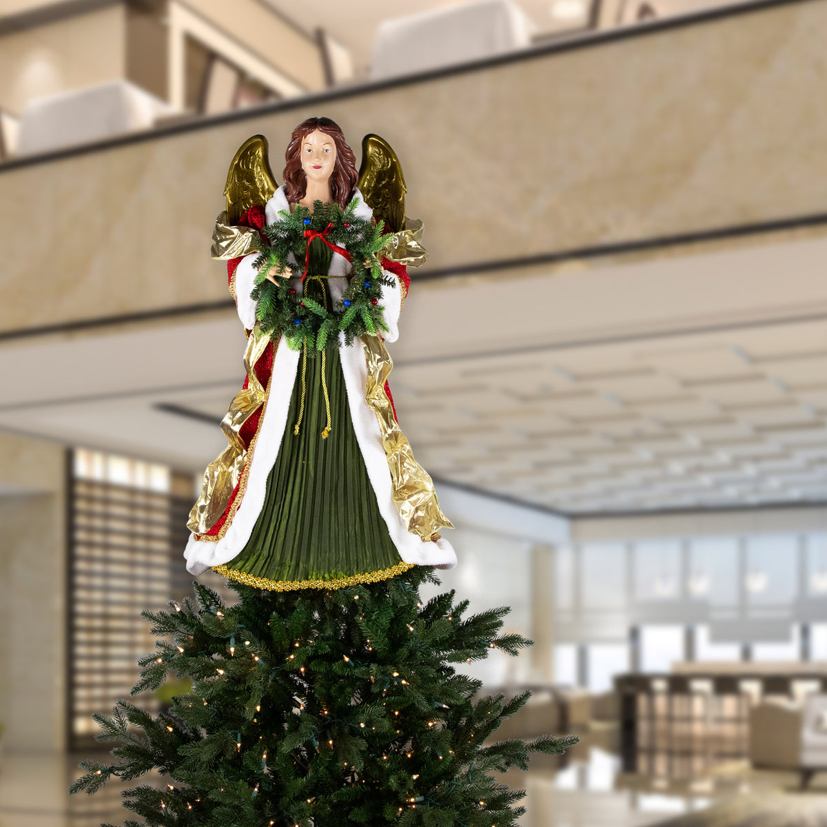 Northlight Commercial Size Angel Christmas Tree Topper with Wreath - 3' - Red and Green - Unlit