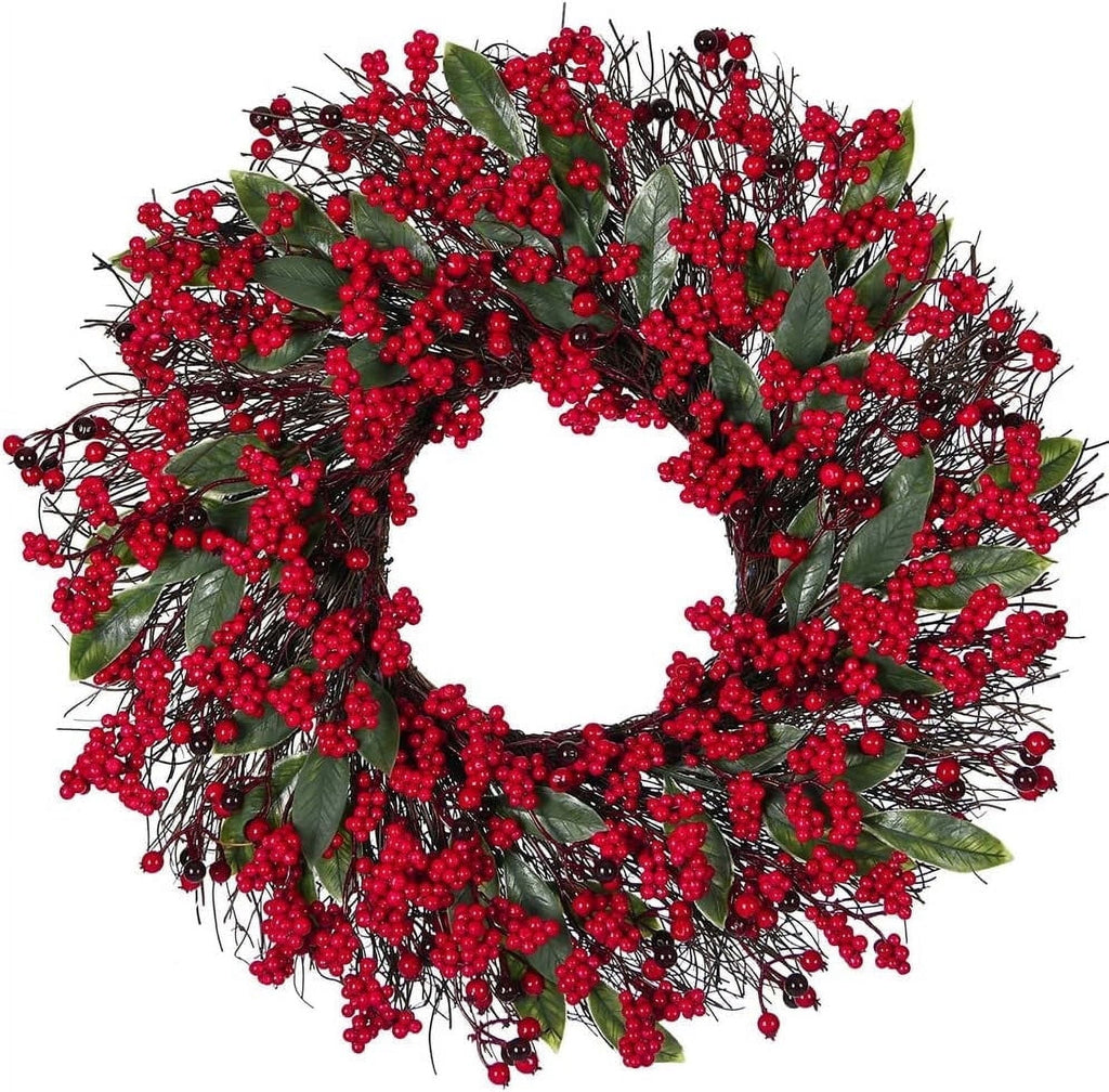 19 inches Christmas Wreaths Red Berry Wreath, Xmas Wreath with Berries for Front Door, Holly Winterberry Wreath for Home Christmas Wall Fireplace Window Party Holiday Decor