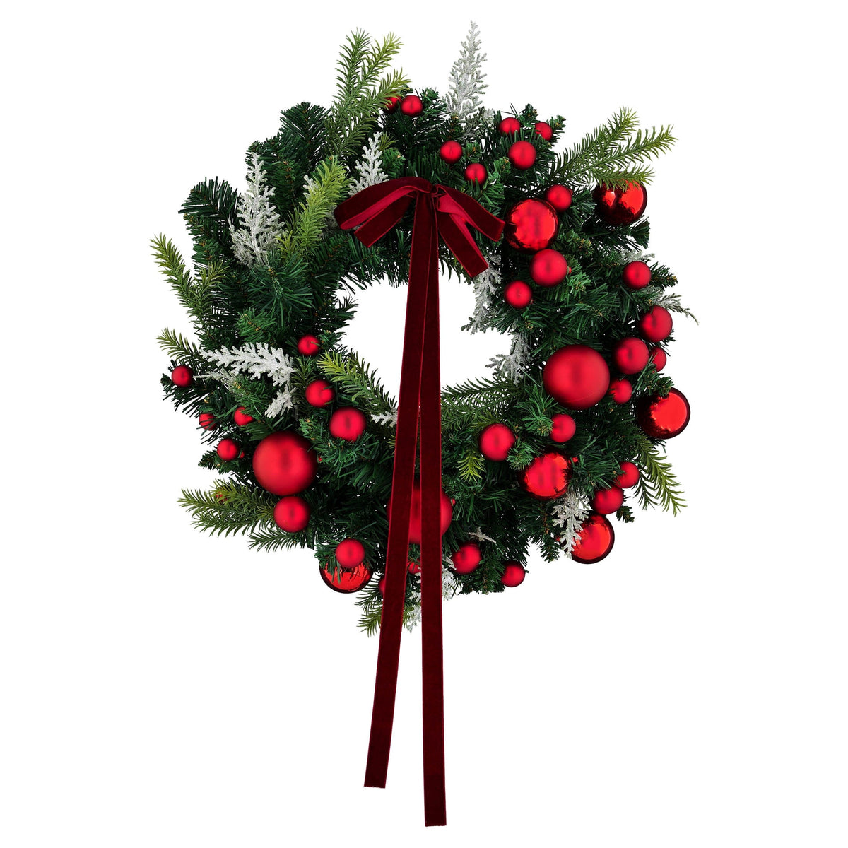 Evergreen Christmas Wreath with Ball Ornaments and Bow, Red and Green, 22", by Holiday Time