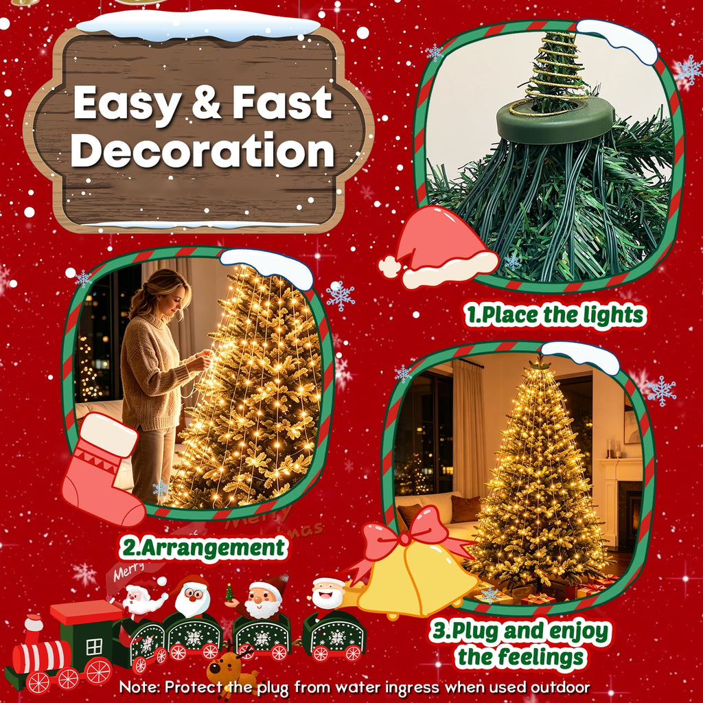 Christmas Tree Lights with Ring, 400 LED Cool White Tree Ring Light, 16 Strands 6.6FT Cascade with Remote & Timer for Indoor Xmas Tree Decor
