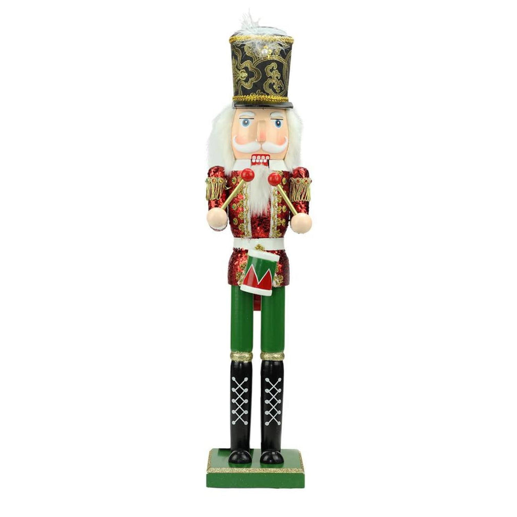 24" Decorative Red Green and Gold Wooden Christmas Nutcracker Drummer