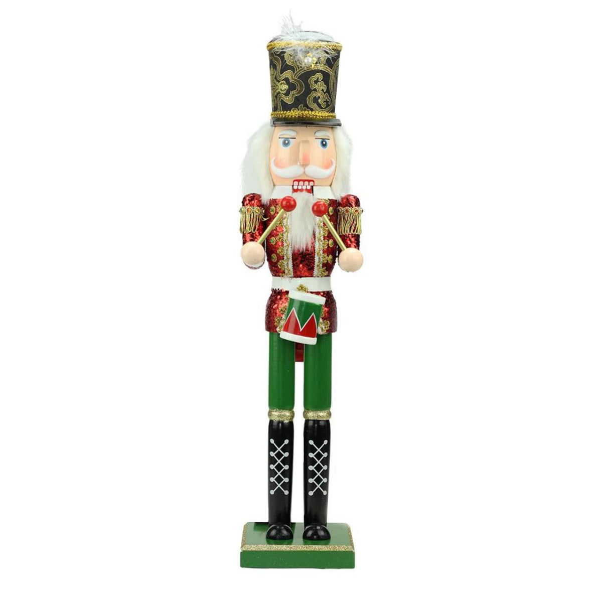 24" Decorative Red Green and Gold Wooden Christmas Nutcracker Drummer