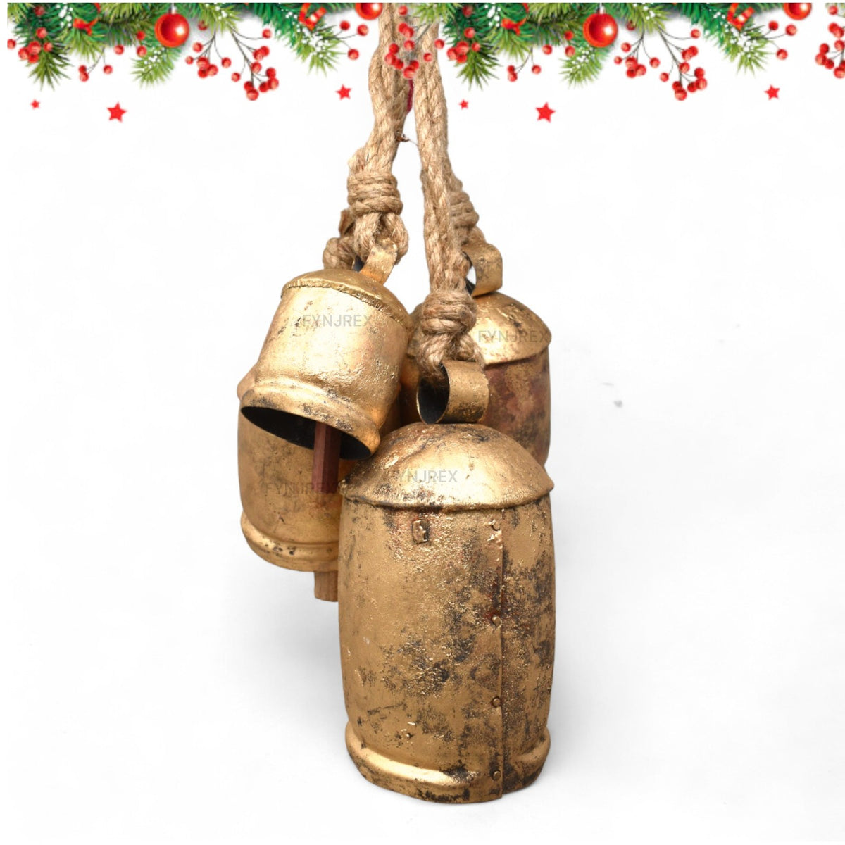 Set of 4 Vintage Rustic Christmas Bells – 1 Large 7.5" Bell, 2 Medium 5.5" Bells & 1 Small 4" Bell – Farmhouse Metal Hanging Bells for Holiday, Mantel & Door Décor